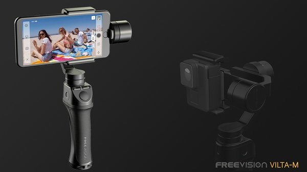k_VILTA-M mit Smartphone schwarzer Fond Den Gimbal Freevision VILTA-M gibt es jetzt auch für Smartphones