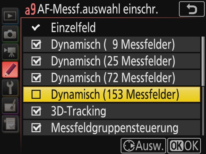 Nikon D850: Autofokusmessfelder und Messfeldsteuerungen