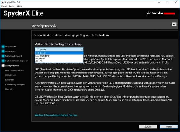 Screenshot Pull-Down-Menü der Datacolor Spyder-Software