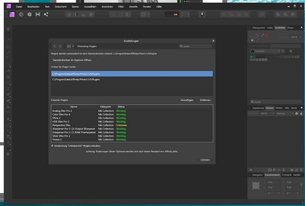 Screenshot Einbindung der Nik Collection 3 by Dxo in Affinity Photo
