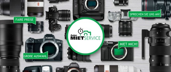 Kameras und Objektive auf grauem Untergrund, Grafiken zum Mietservice von FotoVideo Rutten