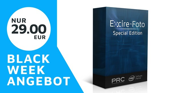 Links im Bild Schrift mit Angebotspreis, rechts im Bild Boxshot der Software Excire Foto