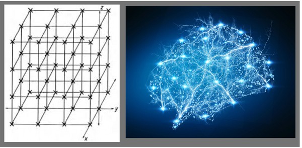 Vergleich Neuronale Netze: links digitales Netz, rechts neuronales Netz im menschlichen Gehinr