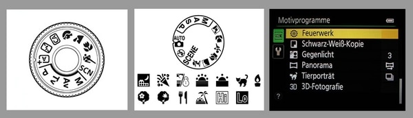 Beispiele und Symbole für Motivprogramme in Digitalkameras