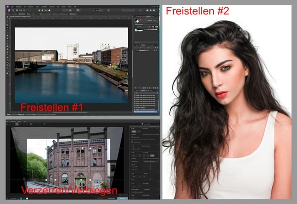Screenshot für die Bearbeitungsschritte „Freistellen“, und „Verzerrung“.