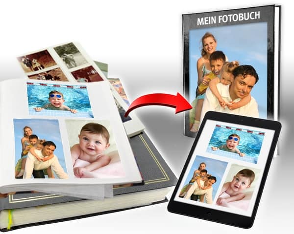 links Fotoalben mit eingeklebten Bildern, rechts gedrucktes Fotobuch und Wiedergabe auf Monitor