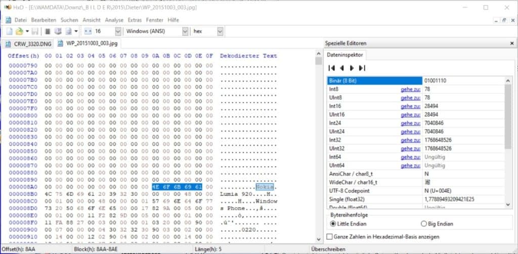 mit einem HEX-Editor sichtbare gemachte JPG-Datei