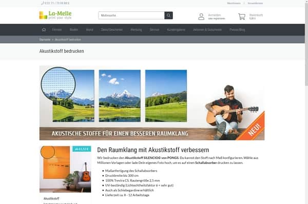 Screenshot Webseite La-Melle: Stoffauswahl für Alu-Spannrahmen mit Fotodruck