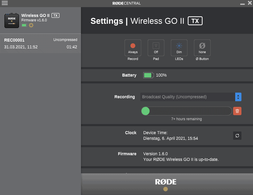 Screenshot der Software für RØDE Wireless GO II