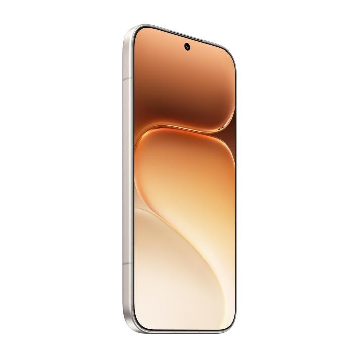 Frontansicht eines modernen Smartphones mit einem eleganten, wellenförmigen Hintergrund in Goldtönen