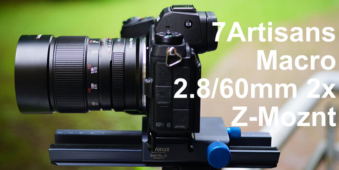Das manuelle 7Artisans 60mm F2.8 2x Makroobjektiv an einer Nikon Z Kamera auf einem Novoflex Einstellschlitten. Das manuelle 7Artisans 60mm F2.8 2x Makroobjektiv an einer Nikon Z Kamera auf einem Novoflex Einstellschlitten.