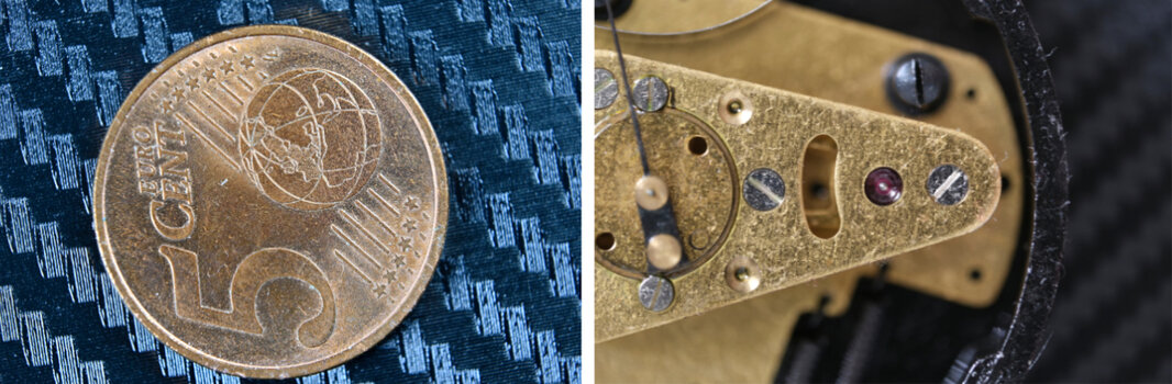 Zwei extreme Makroaufnahmen mit dem 7Artisans 60mm Objektiv: Links eine 5-Cent-Euromünze, rechts Details einer Uhrwerksmechanik. Zwei extreme Makroaufnahmen mit dem 7Artisans 60mm Objektiv: Links eine 5-Cent-Euromünze, rechts Details einer Uhrwerksmechanik.