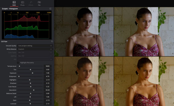 Screenshot der RAW-Bearbeitung in DaVinci Resolve 21 mit Histogramm, Farbreg-lern und Vergleichsansichten eines Porträts. Screenshot der RAW-Bearbeitung in DaVinci Resolve 21 mit Histogramm, Farbreg-lern und Vergleichsansichten eines Porträts.