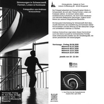 Ausstellungsplakat zur Schwarzweiß-Fotoausstellung „Stimmungen in Schwarz-weiß – Formen, Linien & Kontraste“ von Andreas Kretzschmar in Wuppertal. Ausstellungsplakat zur Schwarzweiß-Fotoausstellung „Stimmungen in Schwarz-weiß – Formen, Linien & Kontraste“ von Andreas Kretzschmar in Wuppertal.