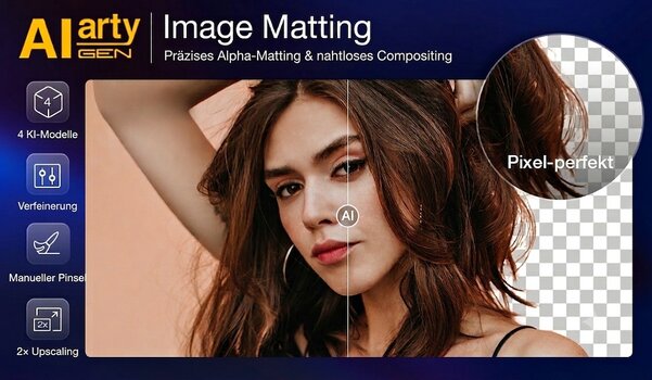 Aiarty Image Matting kombiniert vier spezialisierte KI-Modelle mit Werkzeugen zur Verfeinerung und unterstützt auch Hintergrundaustausch sowie 2x-Upscaling. Aiarty Image Matting kombiniert vier spezialisierte KI-Modelle mit Werkzeugen zur Verfeinerung und unterstützt auch Hintergrundaustausch sowie 2x-Upscaling.