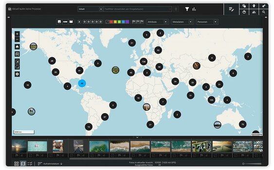 Weltkartenansicht von Excire Foto 2027 mit geografisch verteilten Aufnahmeorten eines Fotoarchivs. Weltkartenansicht von Excire Foto 2027 mit geografisch verteilten Aufnahmeorten eines Fotoarchivs.