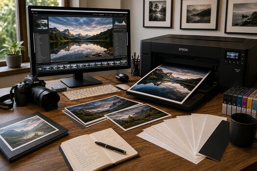 Fotodruck-Arbeitsplatz mit Monitor, Fotodrucker und Fine-Art-Prints auf einem Schreibtisch.