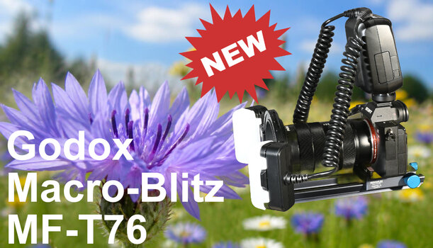 Godox MF-T76 Makro-Zwillingsblitz an einer Sony Alpha Kamera auf einer Einstellschiene vor einer blühenden Kornblume. Godox MF-T76 Makro-Zwillingsblitz an einer Sony Alpha Kamera auf einer Einstellschiene vor einer blühenden Kornblume.