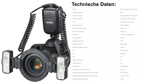 Technische Daten und Spezifikationen des Godox MF-T76 Makroblitzes im Überblick, einschließlich Angaben zu Blitzleistung, Leitzahl und Akkulaufzeit. Technische Daten und Spezifikationen des Godox MF-T76 Makroblitzes im Überblick, einschließlich Angaben zu Blitzleistung, Leitzahl und Akkulaufzeit.