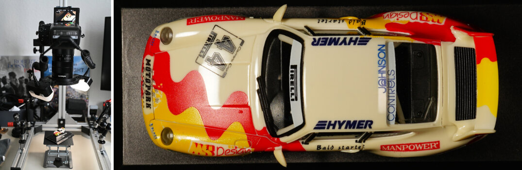 Zweigeteilte Grafik: Links der technische Studio-Kameraaufbau, rechts das finale Makro-Testergebnis eines weißen Porsche Carrera Cup Modellautos von 1996 in der Draufsicht. Zweigeteilte Grafik: Links der technische Studio-Kameraaufbau, rechts das finale Makro-Testergebnis eines weißen Porsche Carrera Cup Modellautos von 1996 in der Draufsicht.