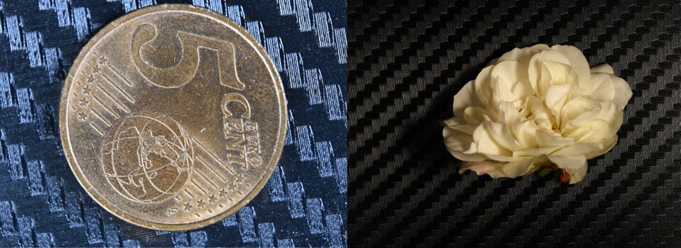 Zwei Makro-Testfotos nebeneinander: Links eine detailreiche 5-Cent-Münze, rechts eine weiße Rosenblüte auf einer strukturierten Carbon-Oberfläche. Zwei Makro-Testfotos nebeneinander: Links eine detailreiche 5-Cent-Münze, rechts eine weiße Rosenblüte auf einer strukturierten Carbon-Oberfläche.