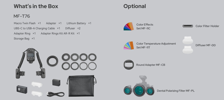Übersicht des Lieferumfangs der Godox MF-T76 Box mit Adapterringen, Akku und Tasche sowie optional erhältlichen Farb- und Diffusor-Sets. Übersicht des Lieferumfangs der Godox MF-T76 Box mit Adapterringen, Akku und Tasche sowie optional erhältlichen Farb- und Diffusor-Sets.