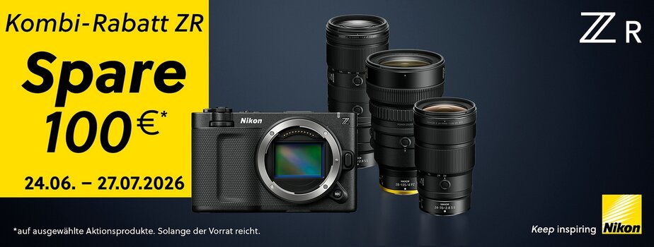 Nikon ZR Kombi-Rabatt-Aktion 2026 mit 100 Euro Sofortrabatt beim Kauf einer Nikon ZR und ausgewählter NIKKOR-Z-Objektive Nikon ZR Kombi-Rabatt-Aktion 2026 mit 100 Euro Sofortrabatt beim Kauf einer Nikon ZR und ausgewählter NIKKOR-Z-Objektive