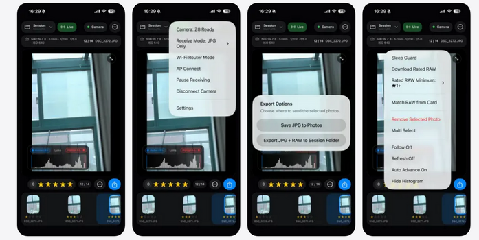 Screenshot der iPhone-App THE Tether mit drahtlosem Tethering, Bildbewertung und Exportfunktionen für Nikon-Kameras.