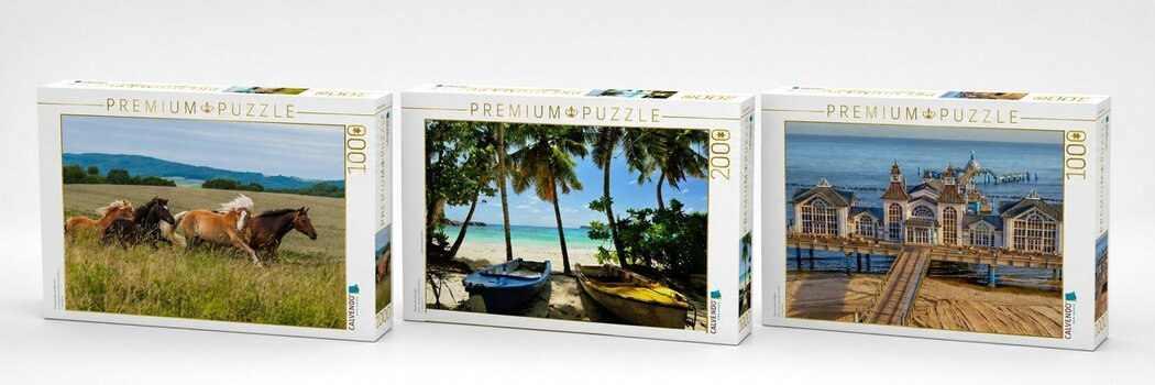 Drei CALVENDO Premium-Puzzles mit unterschiedlichen Fotomotiven als Beispiel für das Puzzle-Angebot