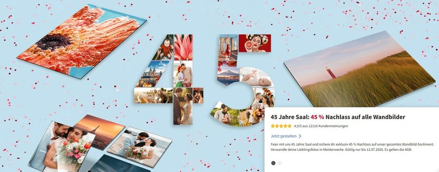 Screenshot der Saal-Digital-Jubiläumsaktion mit 45 % Rabatt auf alle Wandbilder zum 45-jährigen Firmenjubiläum.