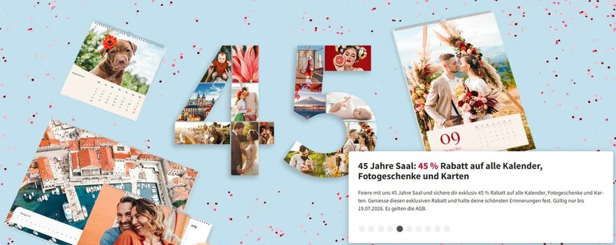 Screenshot der Saal-Digital-Jubiläumsaktion mit 45 % Rabatt auf Kalender, Fotogeschenke und Karten zum 45-jährigen Firmenjubiläum.