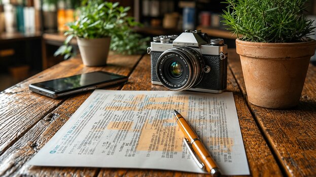 Kamera, Dokument und Stift auf einem Holztisch als Symbol für das Verstehen fremdsprachiger Dokumente in der Fotografie. Kamera, Dokument und Stift auf einem Holztisch als Symbol für das Verstehen fremdsprachiger Dokumente in der Fotografie.