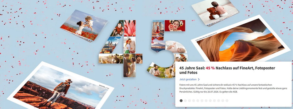 Screenshot der Saal-Digital-Jubiläumsaktion mit 45 % Rabatt auf FineArt-Drucke, Fotoposter und Fotoabzüge zum 45-jährigen Firmenjubiläum.