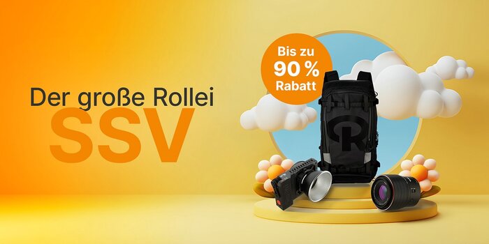 Werbegrafik zum Rollei Sommer-Schlussverkauf 2026 mit Fotorucksack, LED-Dauerlicht und Objektiv sowie Hinweis auf Rabatte bis zu 90 Prozent.