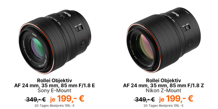 Rollei Autofokusobjektive mit 24 mm, 35 mm und 85 mm F1.8 für Sony E-Mount und Nikon Z-Mount im Sommer-Schlussverkauf für jeweils 199 Euro.