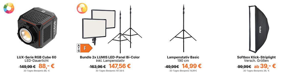 Angebote aus der Rollei-Lichttechnik mit LUX Cube RGB 60, LUMIS LED-Panel Bundle, Lampenstativ Basic und Klick-Softboxen im Sommer-Schlussverkauf.