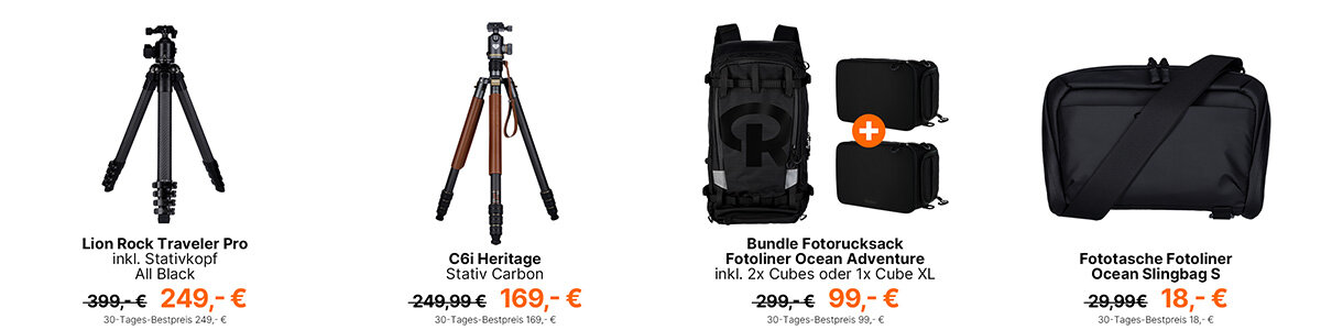 Ausgewählte Angebote des Rollei Sommer-Schlussverkaufs mit Lion Rock Traveler Pro, C6i Heritage Carbonstativ sowie Fotoliner Ocean Adventure Bundle und Slingbag S.