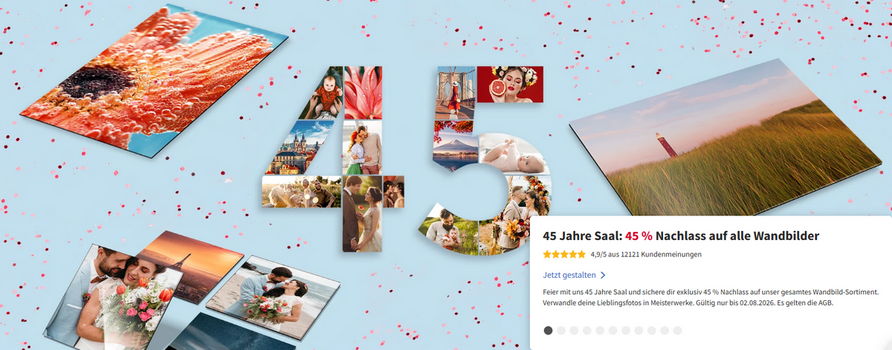 Screenshot der Saal-Digital-Jubiläumsaktion mit 45 % Rabatt auf alle Wandbilder zum 45-jährigen Firmenjubiläum.