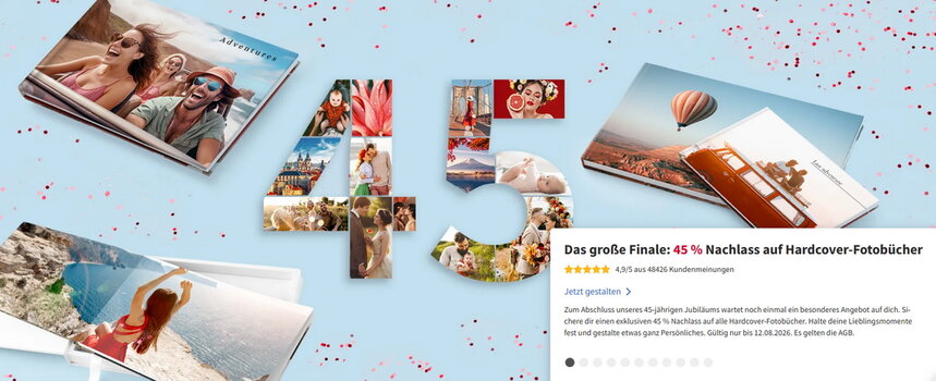 Screenshot der Saal-Digital-Jubiläumsaktion mit 45 % Rabatt auf Hardcover-Fotobücher zum 45-jährigen Firmenjubiläum. Screenshot der Saal-Digital-Jubiläumsaktion mit 45 % Rabatt auf Hardcover-Fotobücher zum 45-jährigen Firmenjubiläum.