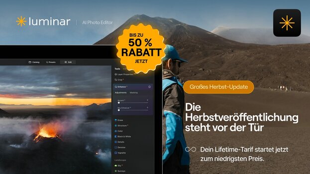 Werbegrafik von Skylum zum Luminar-Herbst-Update mit Screenshot der neuen Benutzeroberfläche und Hinweis auf die aktuelle Vorbestellaktion. Werbegrafik von Skylum zum Luminar-Herbst-Update mit Screenshot der neuen Benutzeroberfläche und Hinweis auf die aktuelle Vorbestellaktion.