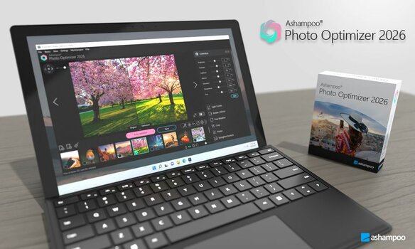 Ashampoo Photo Optimizer 2026 auf einem Windows-Laptop mit geöffneter Bildbearbeitung und Vorher-Nachher-Ansicht eines Landschaftsfotos. Ashampoo Photo Optimizer 2026 auf einem Windows-Laptop mit geöffneter Bildbearbeitung und Vorher-Nachher-Ansicht eines Landschaftsfotos.