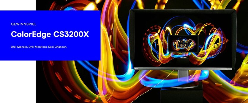Gewinnspiel zum EIZO ColorEdge CS3200X mit farbigem Light-Painting-Motiv und dem neuen 31,5-Zoll-Grafik-Monitor.