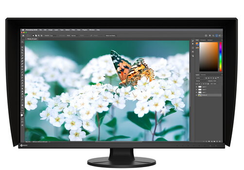 EIZO ColorEdge CS3200X bei der Bildbearbeitung in Adobe Photoshop mit einer Schmetterlingsaufnahme auf dem 31,5-Zoll-Display.