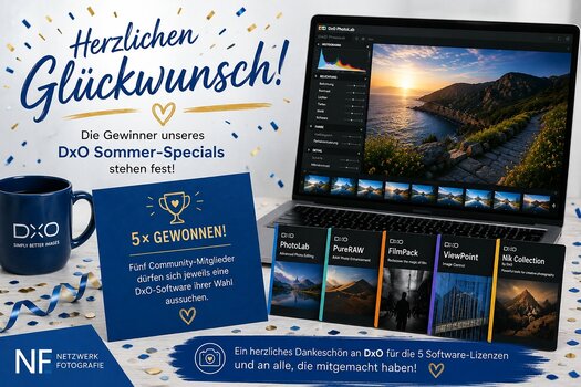 Gewinnerbekanntgabe des DxO Sommer-Specials von Netzwerk Fotografie mit verschiedenen DxO-Programmen zur Bildbearbeitung. Gewinnerbekanntgabe des DxO Sommer-Specials von Netzwerk Fotografie mit verschiedenen DxO-Programmen zur Bildbearbeitung.