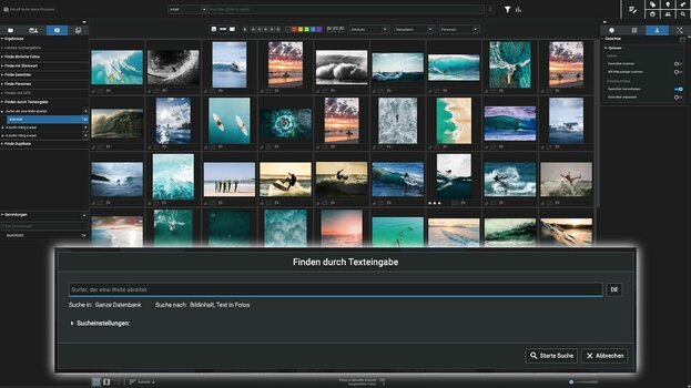 Excire Foto mit KI-Freie-Textsuche nach einem Surfer und passenden Suchergebnissen Excire Foto mit KI-Freie-Textsuche nach einem Surfer und passenden Suchergebnissen