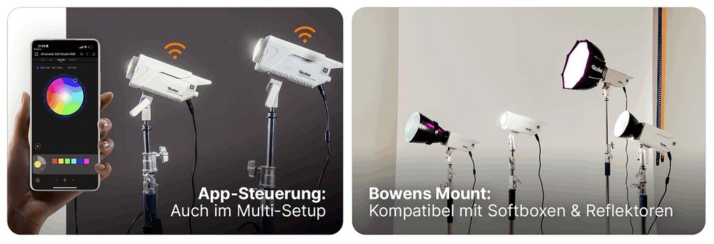 Rollei Candela Studio LED-Leuchte mit App-Steuerung und Bowens-Mount für verschiedene Lichtformer.