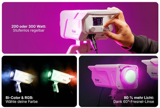 Rollei Candela Studio mit 200 oder 300 Watt, Bi-Color und RGB sowie 60°-Fresnel-Linse.