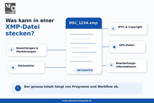 Mögliche Inhalte einer XMP-Datei: Bewertungen, Stichwörter, IPTC, Copyright, GPS-Daten und Bearbeitungsinformationen