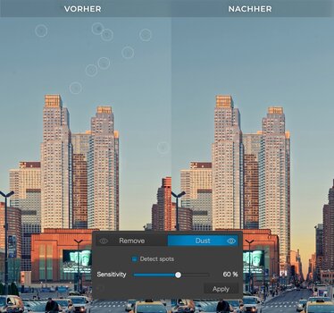 Automatische Sensorstaub-Entfernung in DxO PhotoLab 10 im Vorher-Nachher-Vergleich Automatische Sensorstaub-Entfernung in DxO PhotoLab 10 im Vorher-Nachher-Vergleich