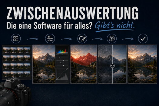 Grafik zur Fotosoftware-Umfrage mit mehreren Stationen eines Foto-Workflows von Bildverwaltung und RAW-Entwicklung bis zur fertigen Aufnahme. Grafik zur Fotosoftware-Umfrage mit mehreren Stationen eines Foto-Workflows von Bildverwaltung und RAW-Entwicklung bis zur fertigen Aufnahme.